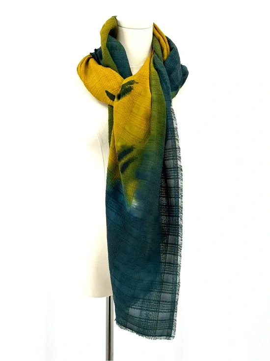Vintage artisan crafted hand dyed raw silk shawl scarf green yellow