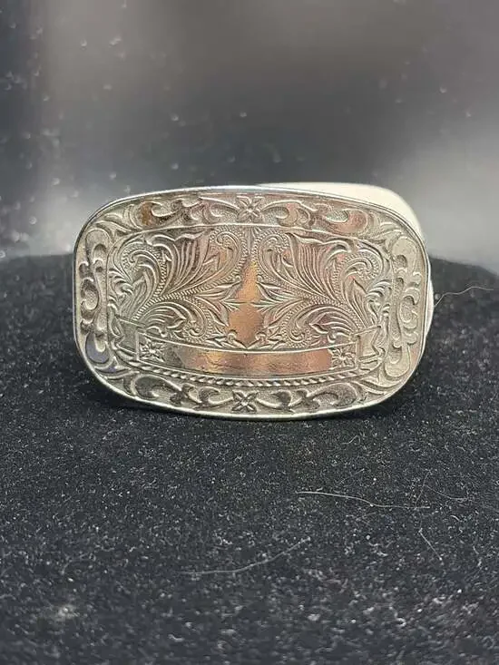 Vintage Western Silver-Tone Engraved Floral Scroll Award Banner Belt Buckle