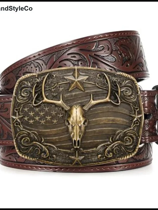 Western Cowboy Belt Adjustable PU Leather Vintage Floral Men Women