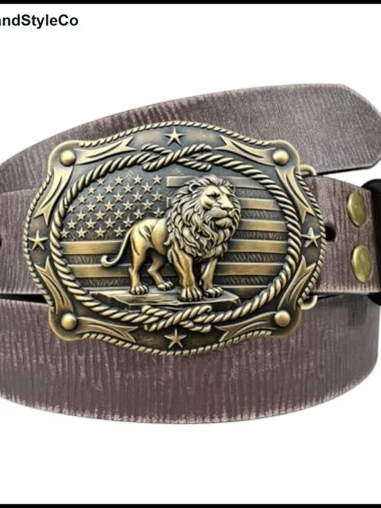 Genuine Leather Western Belt with Bronze Lion Buckle