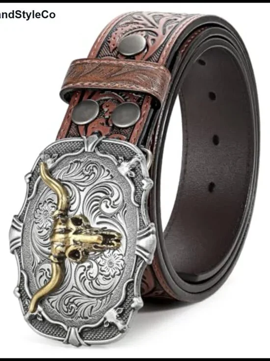 Western Leather Belt with Removable Buckle, Unisex Cowboy Cowgirl Belt,