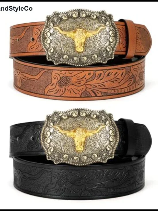 2pk PU Leather Western Belts Floral Engraved Longhorn Buckle