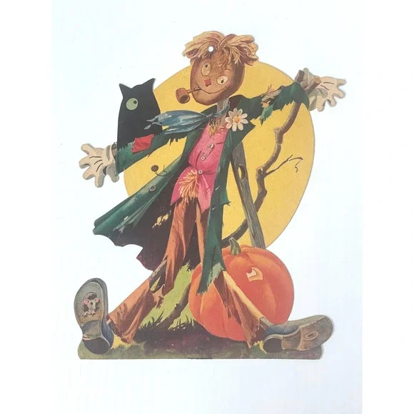 Vintage Halloween Die Cut – Scarecrow, Owl, and Pumpkin Decoration