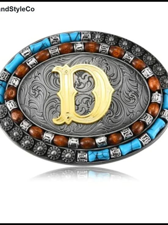 Western Initial Belt Buckle Zinc Alloy, Turquoise