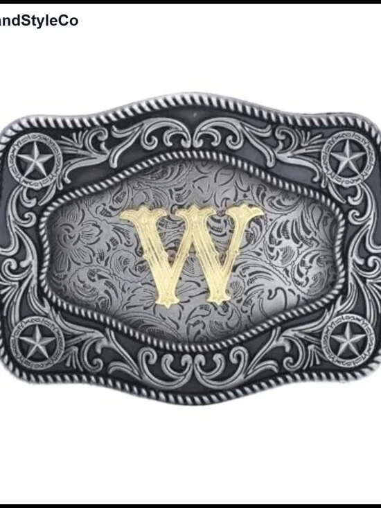 Western Cowboy Belt Buckle with Initial Letter, Zinc Alloy Polished, Quick