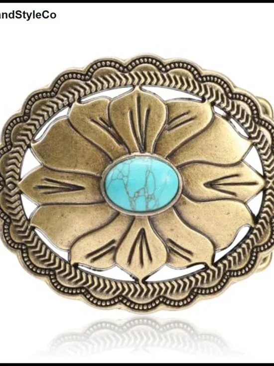 Vintage Western Belt Buckle with Turquoise Flower Zinc Alloy Design