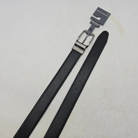 Madison Belt Black Textured Reversible Syn Leather Men 36 Nickel Buckle New