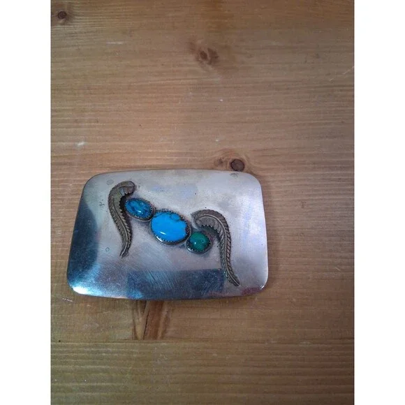 Belt Buckle VTG Signed Feathers Baboquivari Turqoise Silver Ahumada & Sons