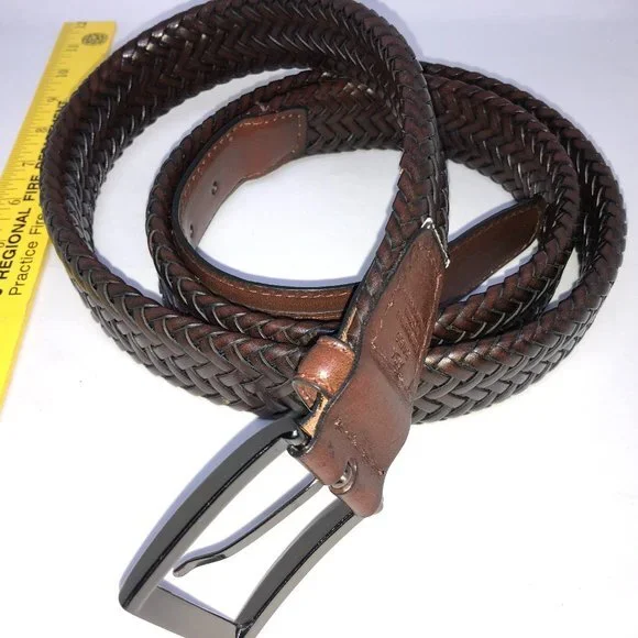 AGA Brown Leather Belt Weave Pattern with Brass Buckle Men's‎ 54/56 Western
