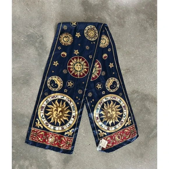 Vintage Zodiac Celestial Silk Scarf NWT Bill Blass‎ Navy Gold