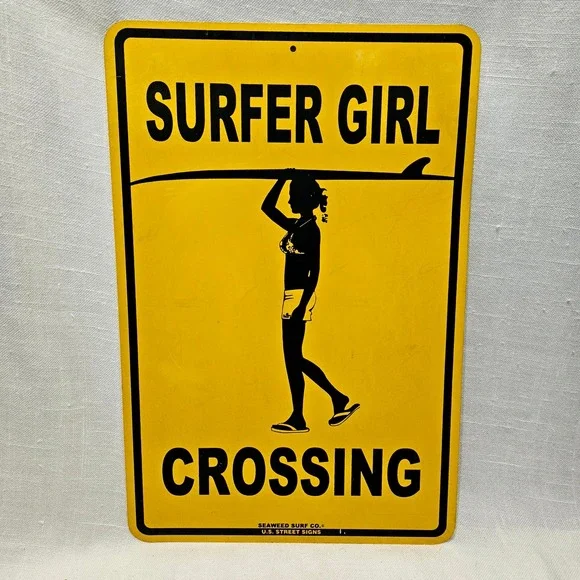 Seaweed Surf Co Surfer Girl Crossing Metal Sign 12x18 Yellow Beach Decor Novelty
