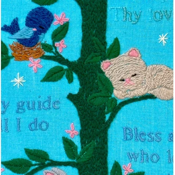 Embroidered Crewel Child Prayer Framed Textile Wall Art Animals Nursery Vintage
