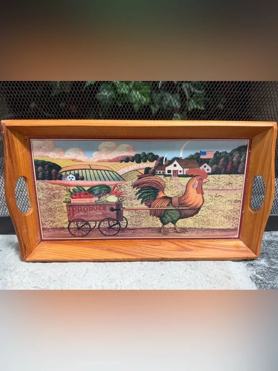 Country Rooster Produce Wood Tray & Wall Art - Cottage-core/ Country Kitchen