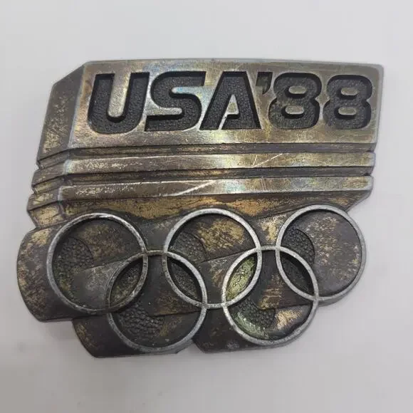 Vintage USA 88 Olympics Belt Buckle Silver Metal Rings 80s Retro Americana Seoul