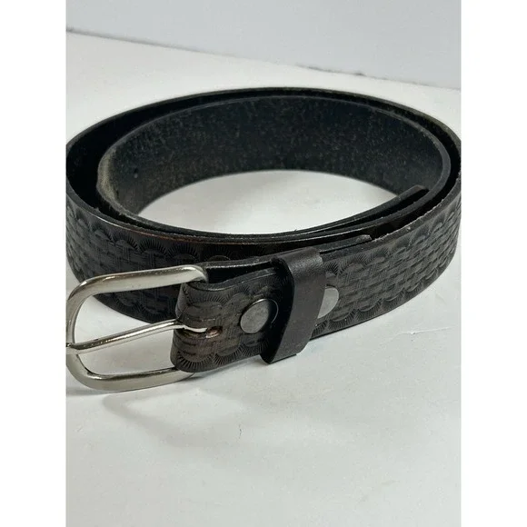 Vintage Western Brown Leather Belt Basketweave Tooled Solid Brass Buckle Size 36