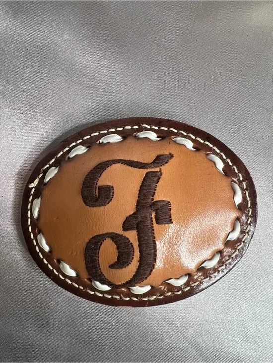 Vintage 1980’s Koleaco Monogrammed Tan & Brown Leather Belt Buckle NOS Letter F