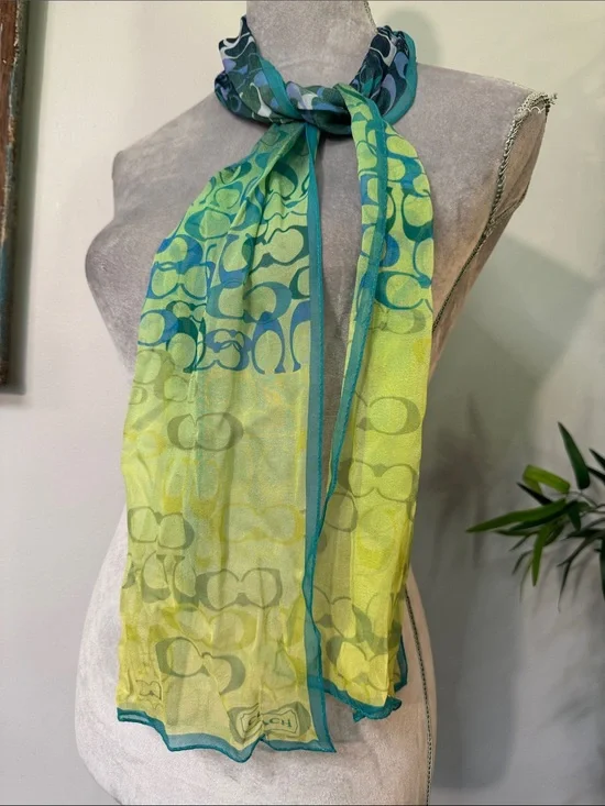 Coach silk Lime Green and Teal Logo Print Scarf