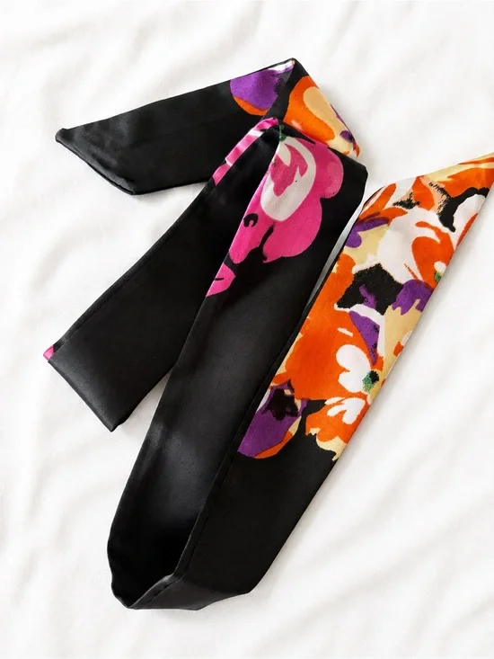 Silk Floral Skinny Scarf - Black with Orange & Purple Accents