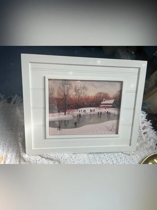 Winter Landscape Wall Art - play skaters on a pond in shiplap style frame
