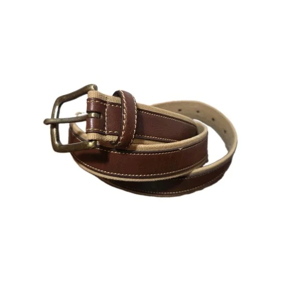 Mens 100% Cotton & Leather Belt Size Xl Brown Tan Brass Buckle