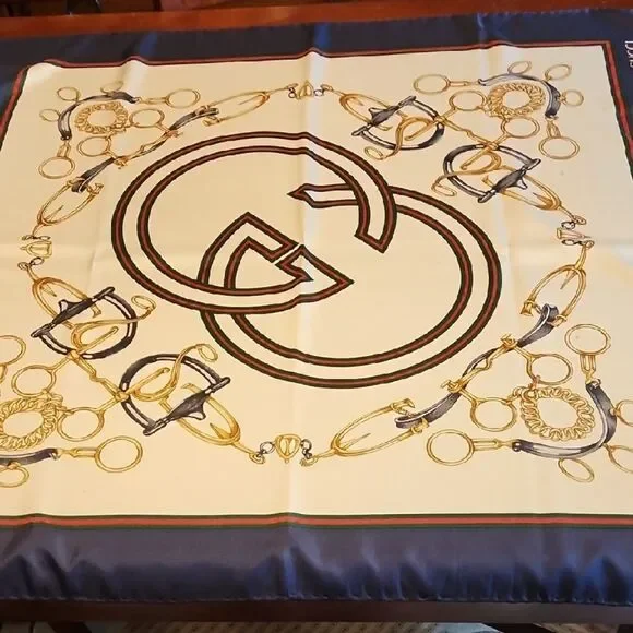 Gucci Cream and Navy Silk Scarf with Gold Details