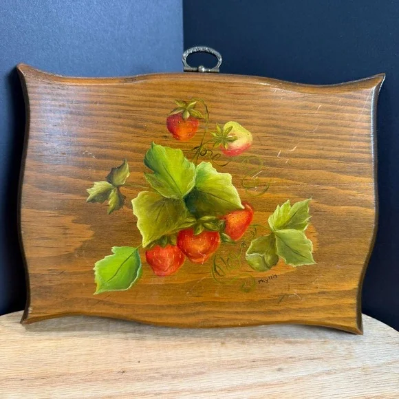 Hand Painted Strawberry Wooden Wall Plaque Cottage Farmhouse Signed Folk Art