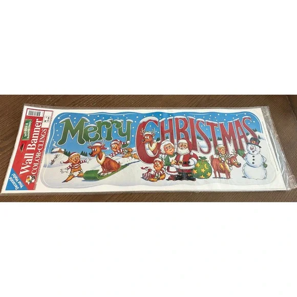 Vintage‎ Merry Christmas Wall Banner Color-Clings Santa Elves Reindeer Snowman