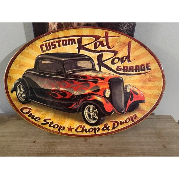 Custom Rat Rod Garage Metal Sign Oval Embossed Tin Hot Rod Flame Wall Decor‎