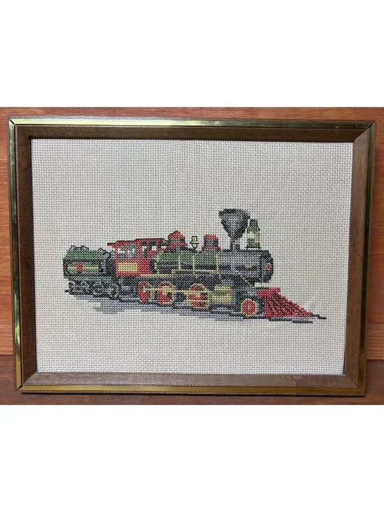 VTG Cross Stitch Train Engine & Coal Tender Matted Framed 13