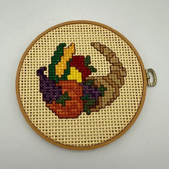 Vintage Cornucopia Cross Stitch Framed Thanksgiving Fall Decor‎ 6