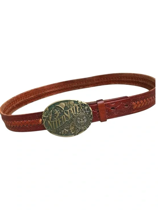United States Of America. Brass Buckle on Leather Weaved Braided Belt. Size 40.