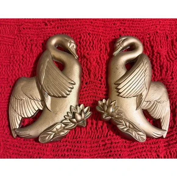 Vintage Gold Swan Wall Plaques Set of 2 Hollywood Regency Lotus Decor