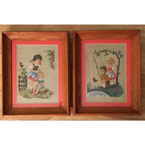 Vintage Pair of Needlepoint Boy & Girl Children Framed Completed  8.5