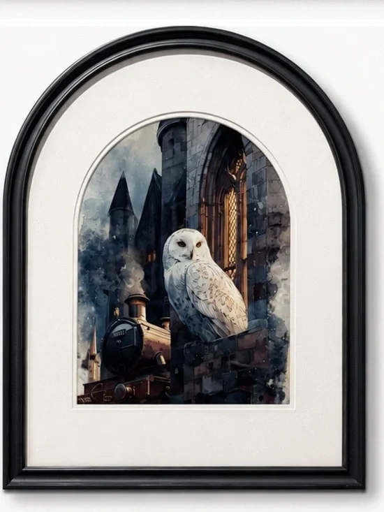 Black Arched Framed Owl Wall Art Print with White Owl Illustration