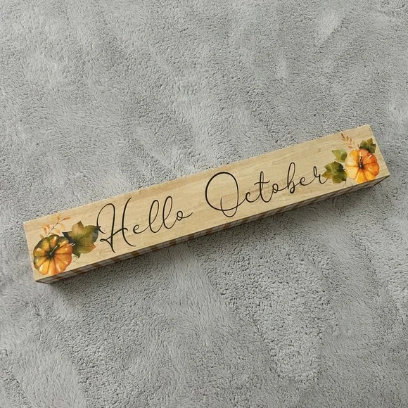 Hello October Wood Block Sign Fall Pumpkin Buffalo Plaid Wall Decor 12 Inch‎