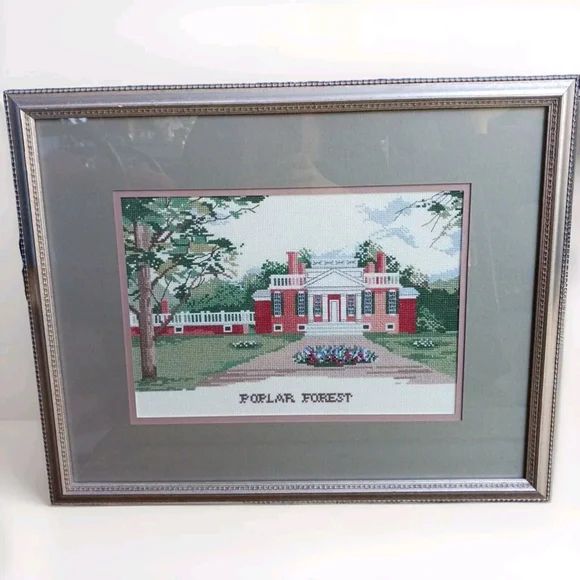 Vintage Cross Stitch Framed Poplar Forest Thomas Jefferson Plantation 20x16