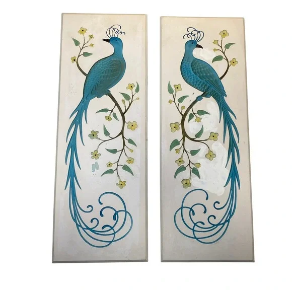 Vintage‎ Coventry Ware Peacock Wall Plaques Pair MCM Chalkware 1960s Blue Birds