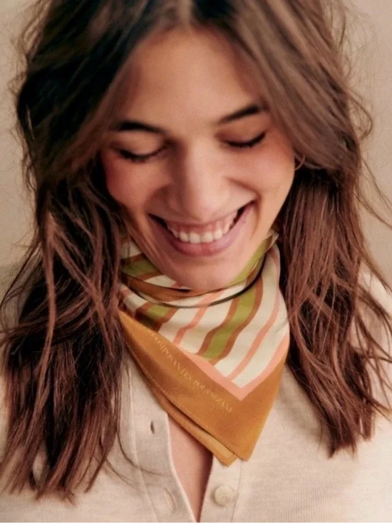 Striped Silk Neck Scarf in Mustard, Green and Pink