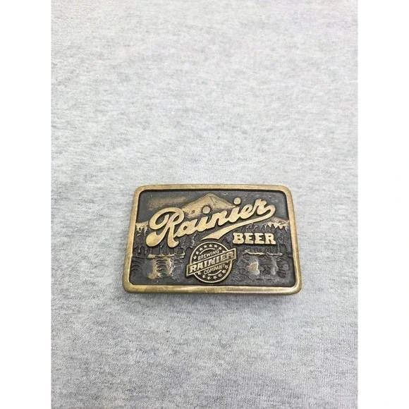 Rare Handmade AnaCortes Brass Works Rainier Beer Belt Buckle Made in USA Vintage