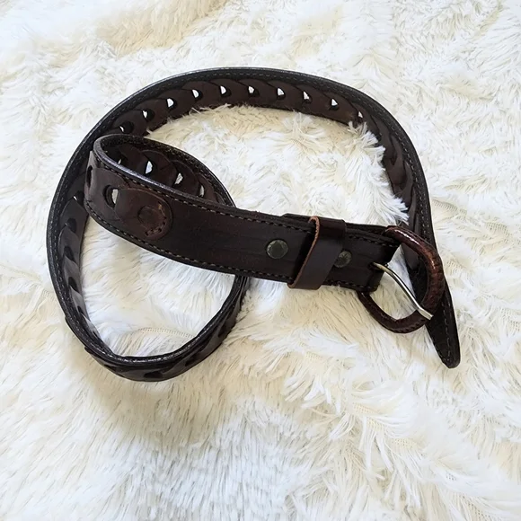Dark brown perforated leather belt men's size 34