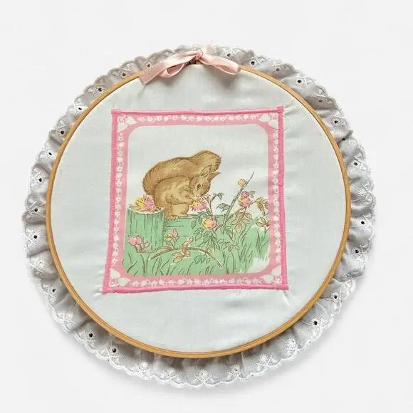 9” vintage pastel cottagecore squirrel wall art hoop w pink ribbon & eyelet lace