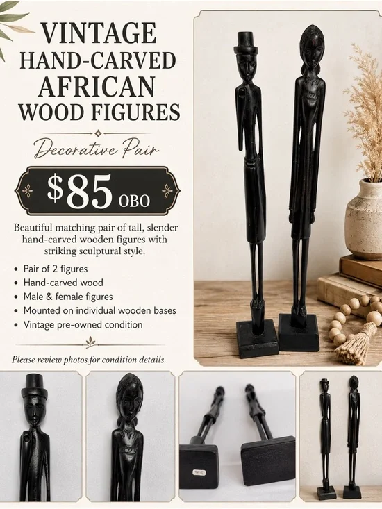 Hand-Carved Black Wood African Figure Pair - Decorative Home Sculptures