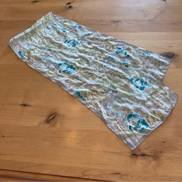 Floral Patterned Vintage Silk Rectangular Scarf in Blue and Silver