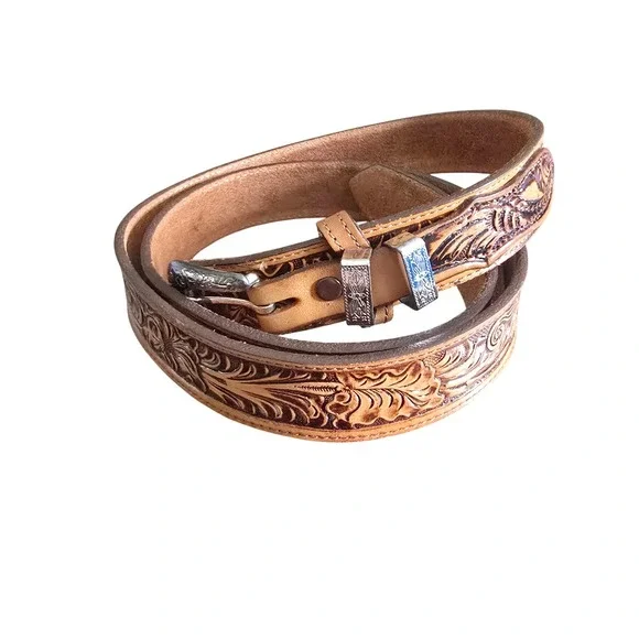 Zooozs Western Floral Tooled Leather Belt Silver Engraved Buckle Tip Tan Brown