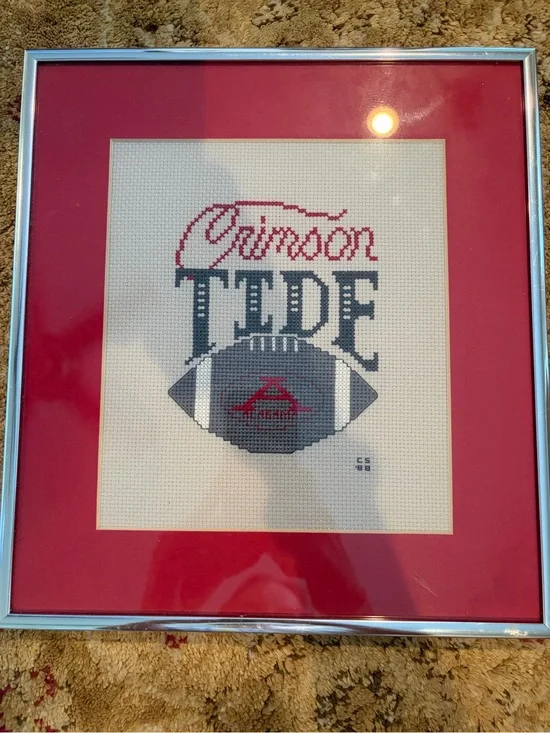 Professionally Framed Crimson Tide Football Cross-Stitch Roll Tide Univ Alabama