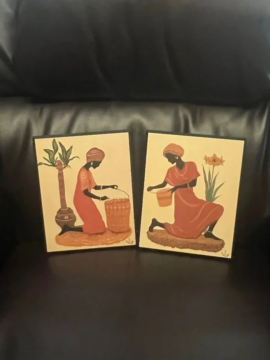 Pair of Vintage Judy Mastrangelo Art Prints African Women Weaving Baskets Mid-Ce