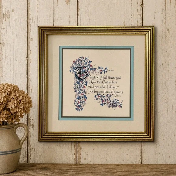 Vintage 1992 Ken Brown Calligraphy Religious Art Gold Framed 11x11 Floral Quote
