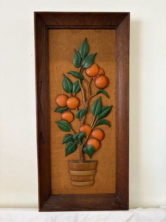 Vintage 70s orange tree brow burlap art wall decor home retro midcentury fruit