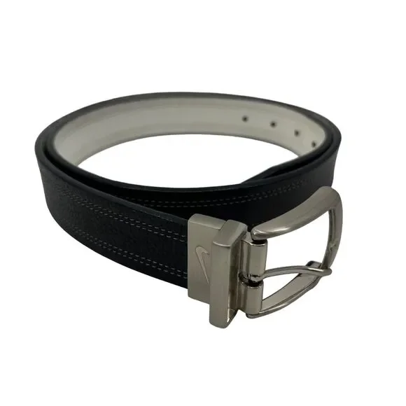 Nike Belt Mens 40 Black White Stitched‎ Leather Reversible Buckle 2 Sided Golf