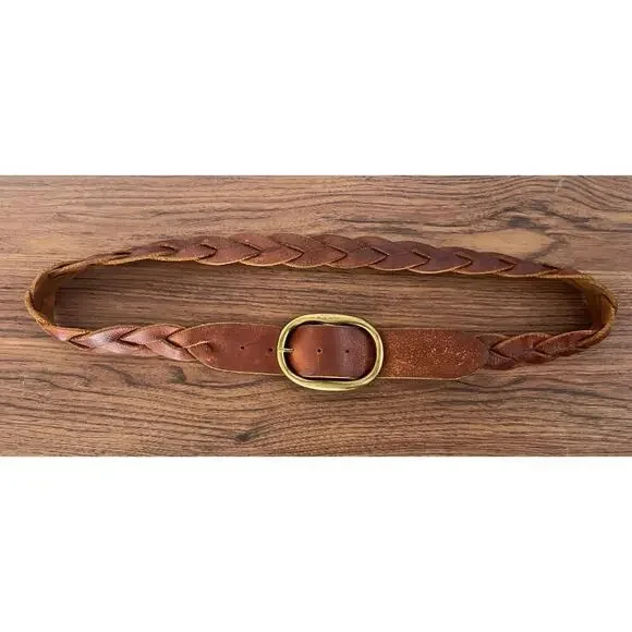 VTG Lucky Brand Tan Leather Braided Men's Belt Heavy Brass Buckle Western 46in